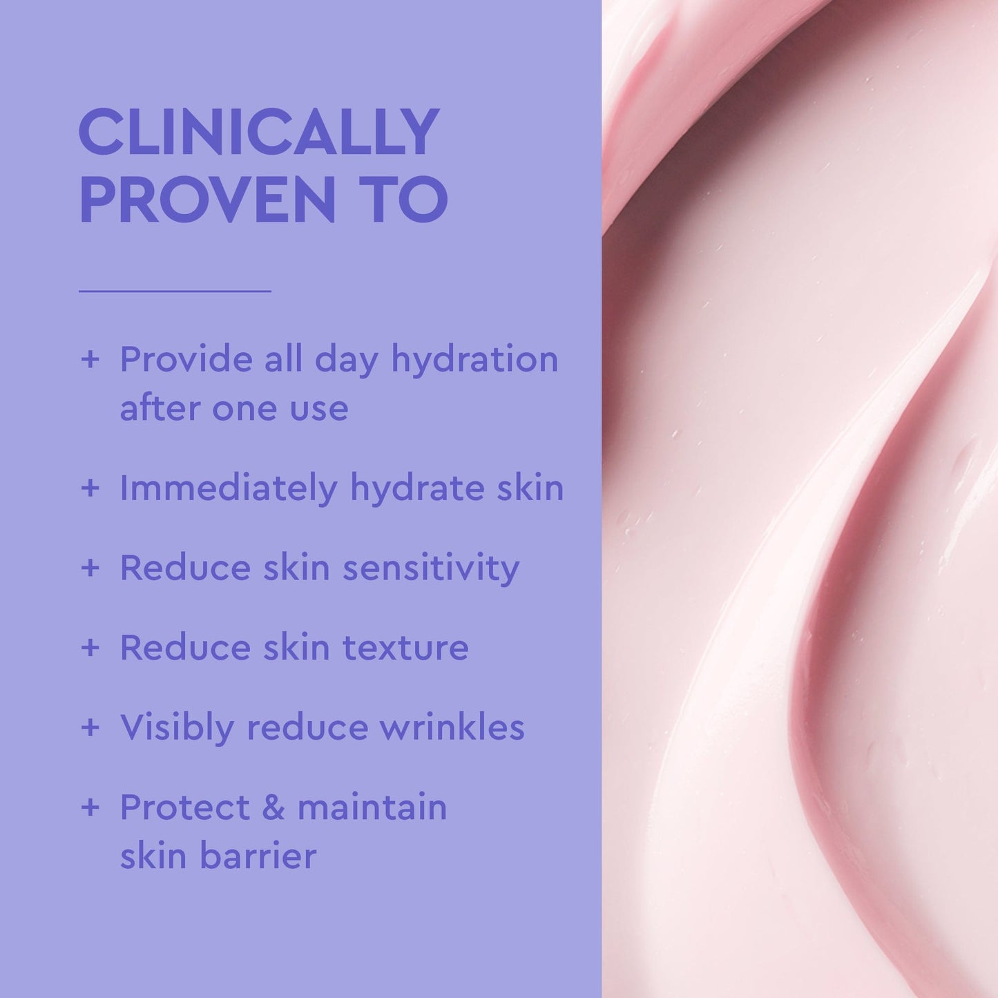 Product description with clinical benefits on a purple background