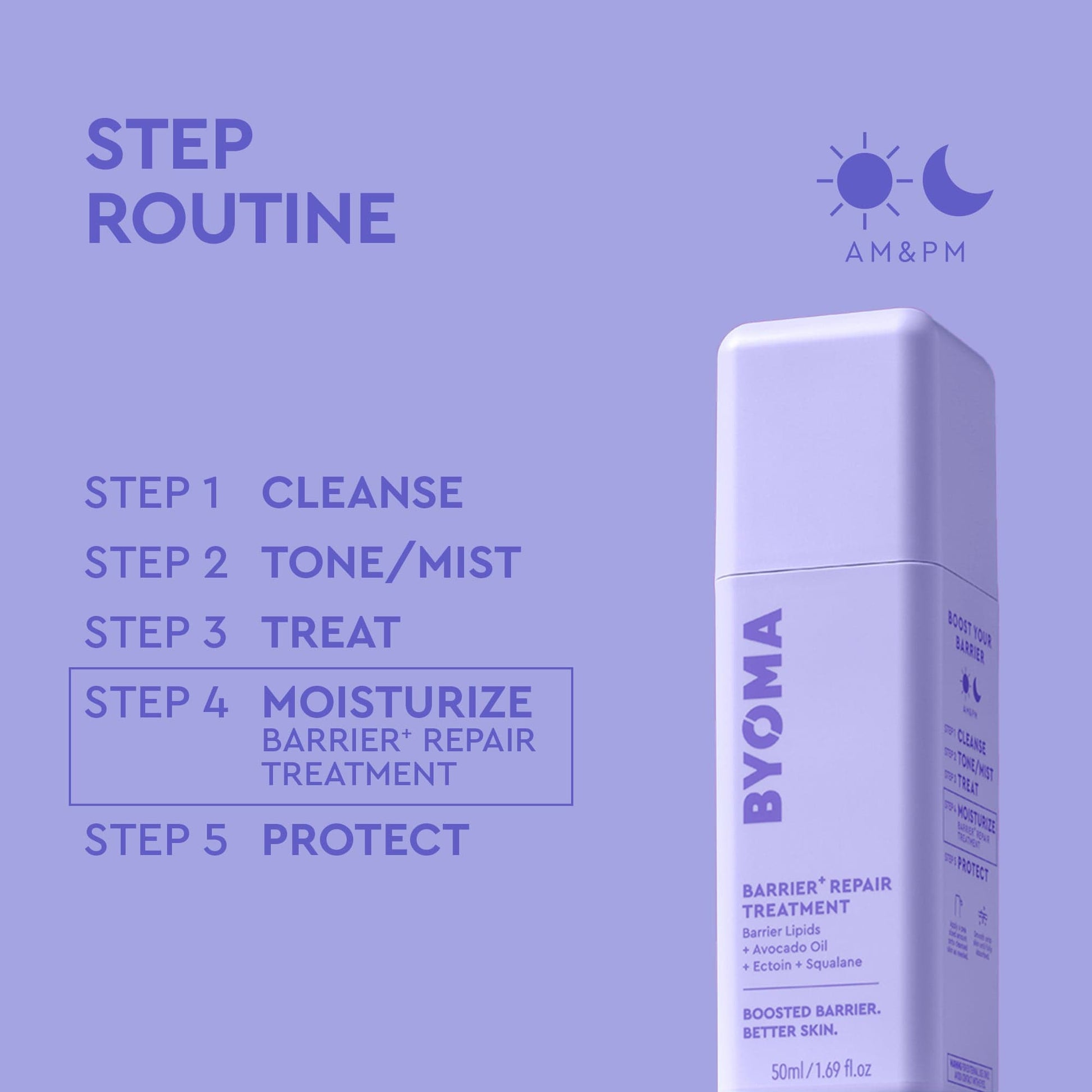 BYOMA barrier repair treatment bottle with step routine on a purple background