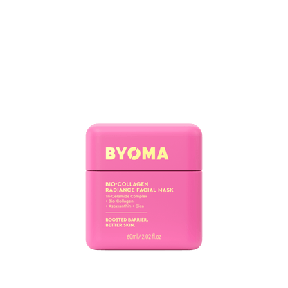 Pink facial mask container with 'BYOMA' branding on a green background