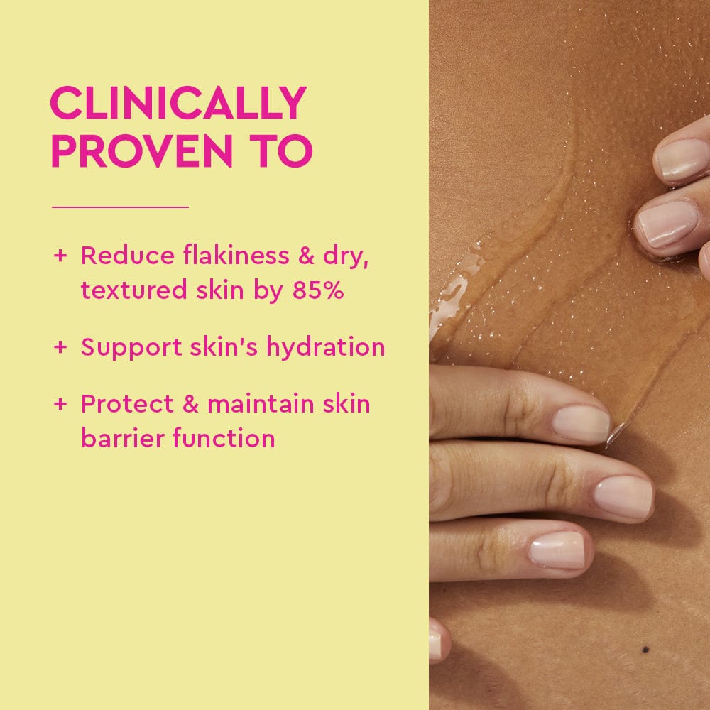 Product packaging with text on a yellow background and a close-up of skin texture.