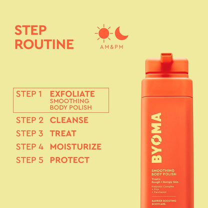 BYOMA smoothing body polish bottle with step routine on a yellow background