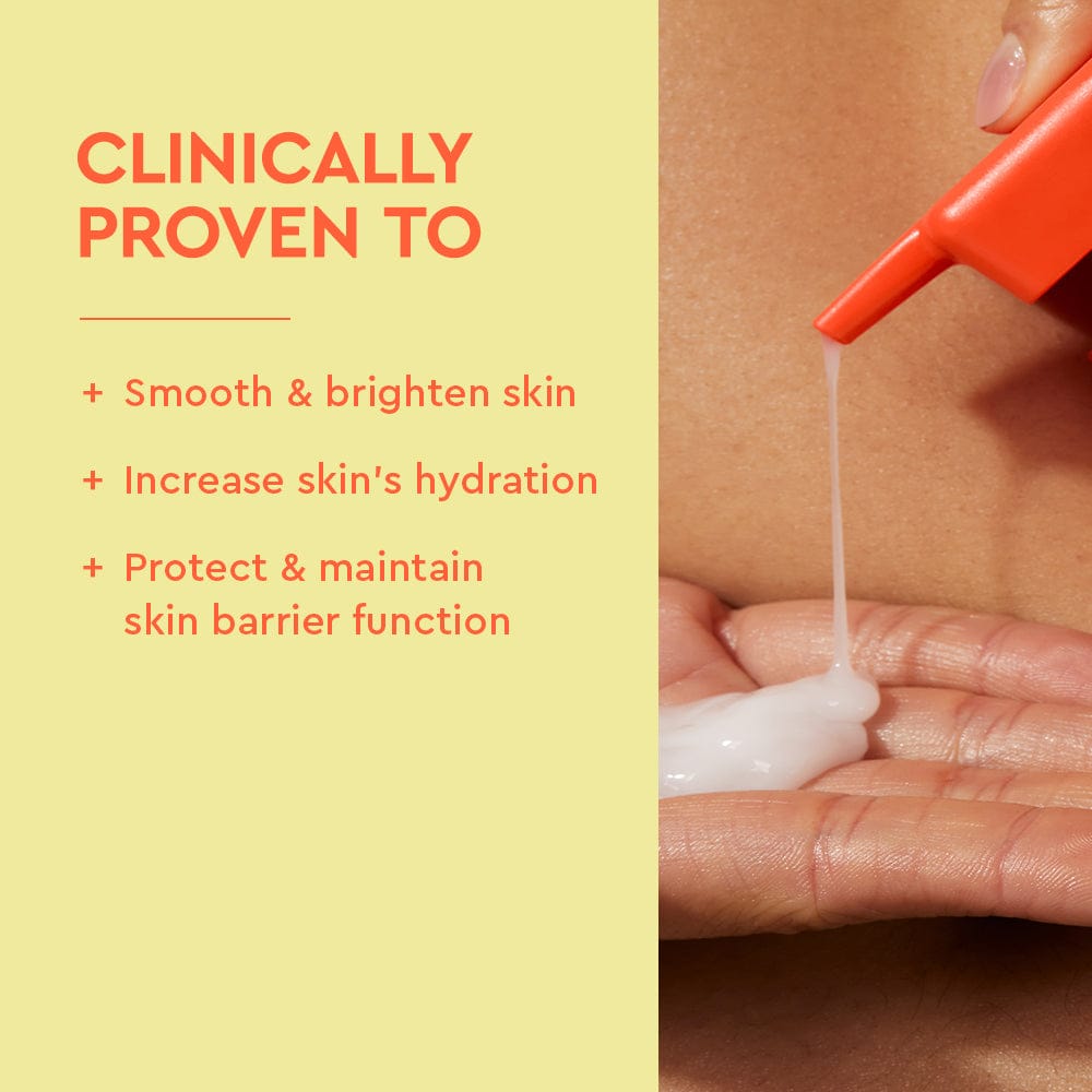 Hand applying cream with text on a yellow background about skincare benefits