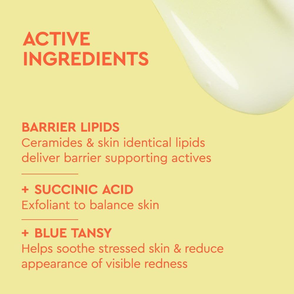 List of active ingredients on a yellow background with a white applicator.