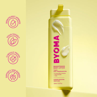 BYOMA brightening body lotion bottle on a yellow background with icons indicating dermato approval, vegan friendliness, clinical provenance, and skin barrier support.