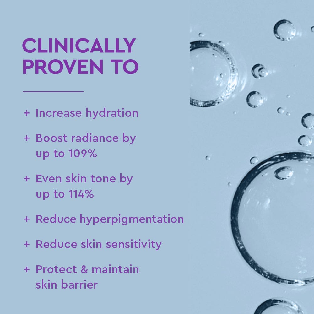 Product advertisement with clinical benefits on a blue background with water droplets.