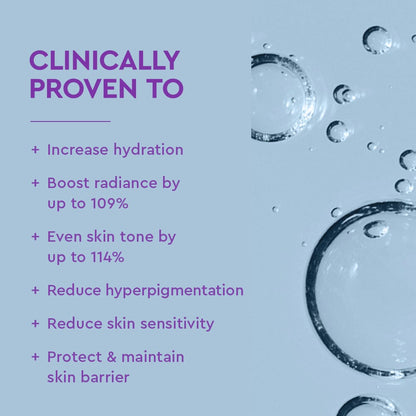 Product advertisement with clinical benefits on a blue background with water droplets.