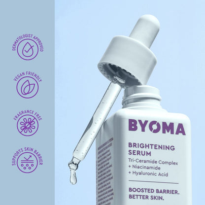 BYOMA brightening serum bottle with dropper on a light blue background