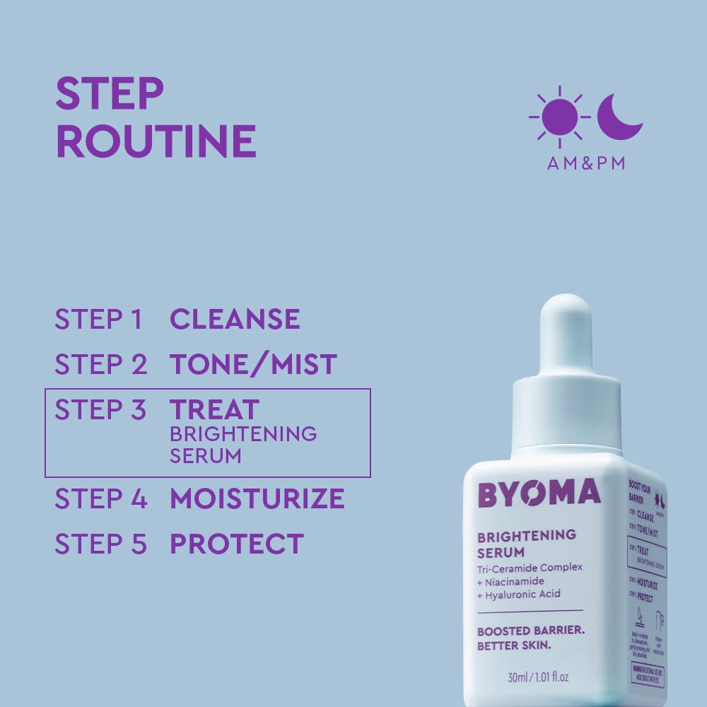 BYOMA brightening serum with a step routine on a light purple background