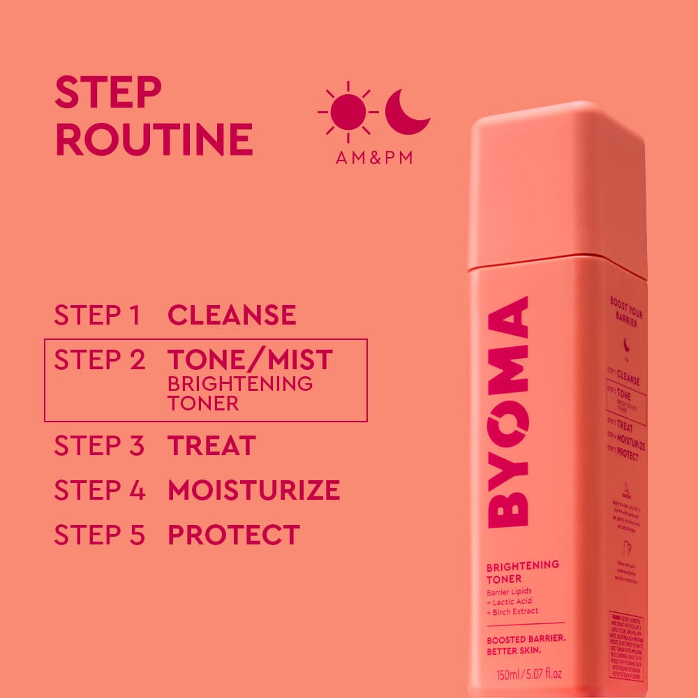 BYOMA skincare product with step routine on a pink background