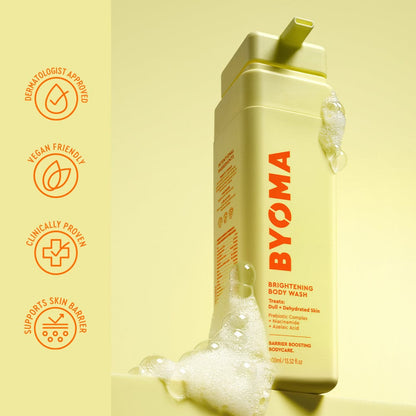 BYOMA brightening body wash bottle with branding and product features on a yellow background