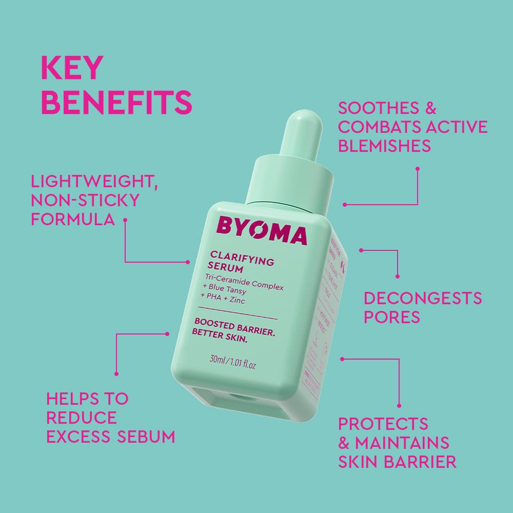 BYOMA clarifying serum bottle with key benefits listed on a teal background