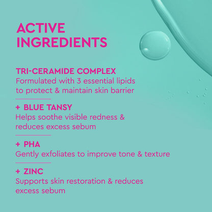 List of active ingredients on a teal background with a droplet graphic.