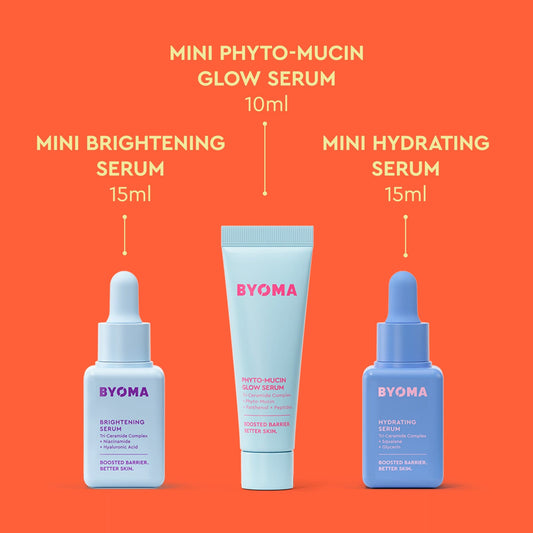 BYOMA skincare products on an orange background