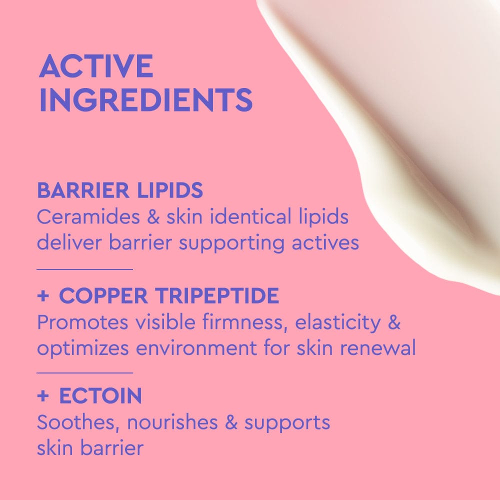 List of active ingredients for a skincare product on a pink background with a close-up of a skincare item.