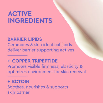 List of active ingredients for a skincare product on a pink background with a close-up of a skincare item.