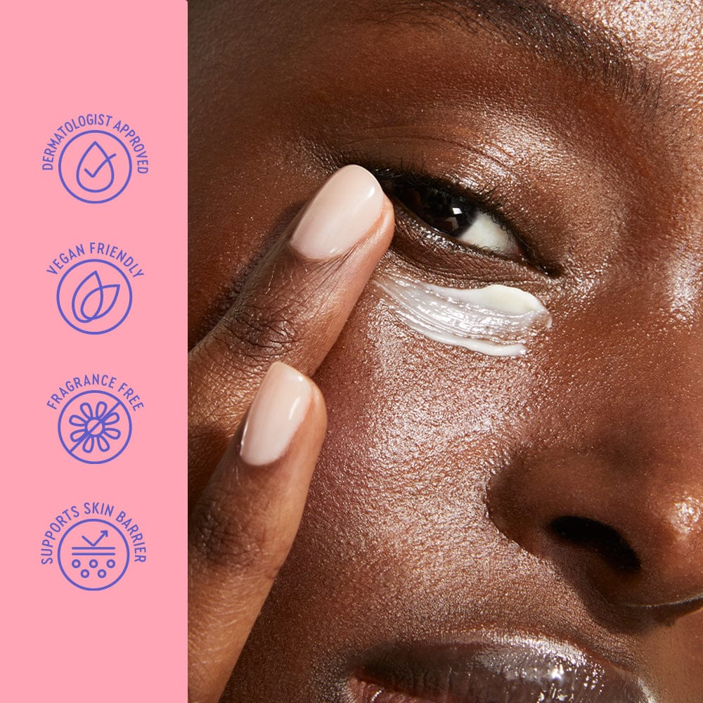 Close-up of a person applying cream to their face with a pink background and product features listed.