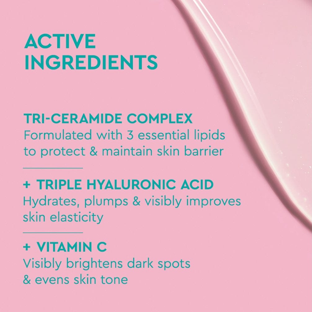 List of active ingredients on a pink background with a white tube.