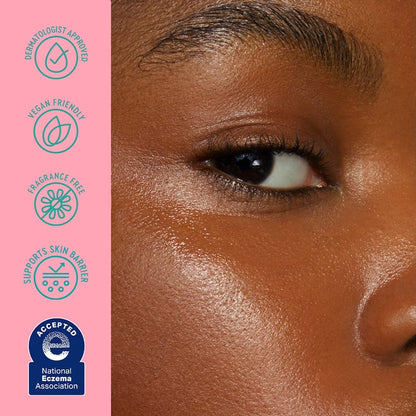 Close-up of a person's eye with a pink background featuring dermatologist-approved icons.