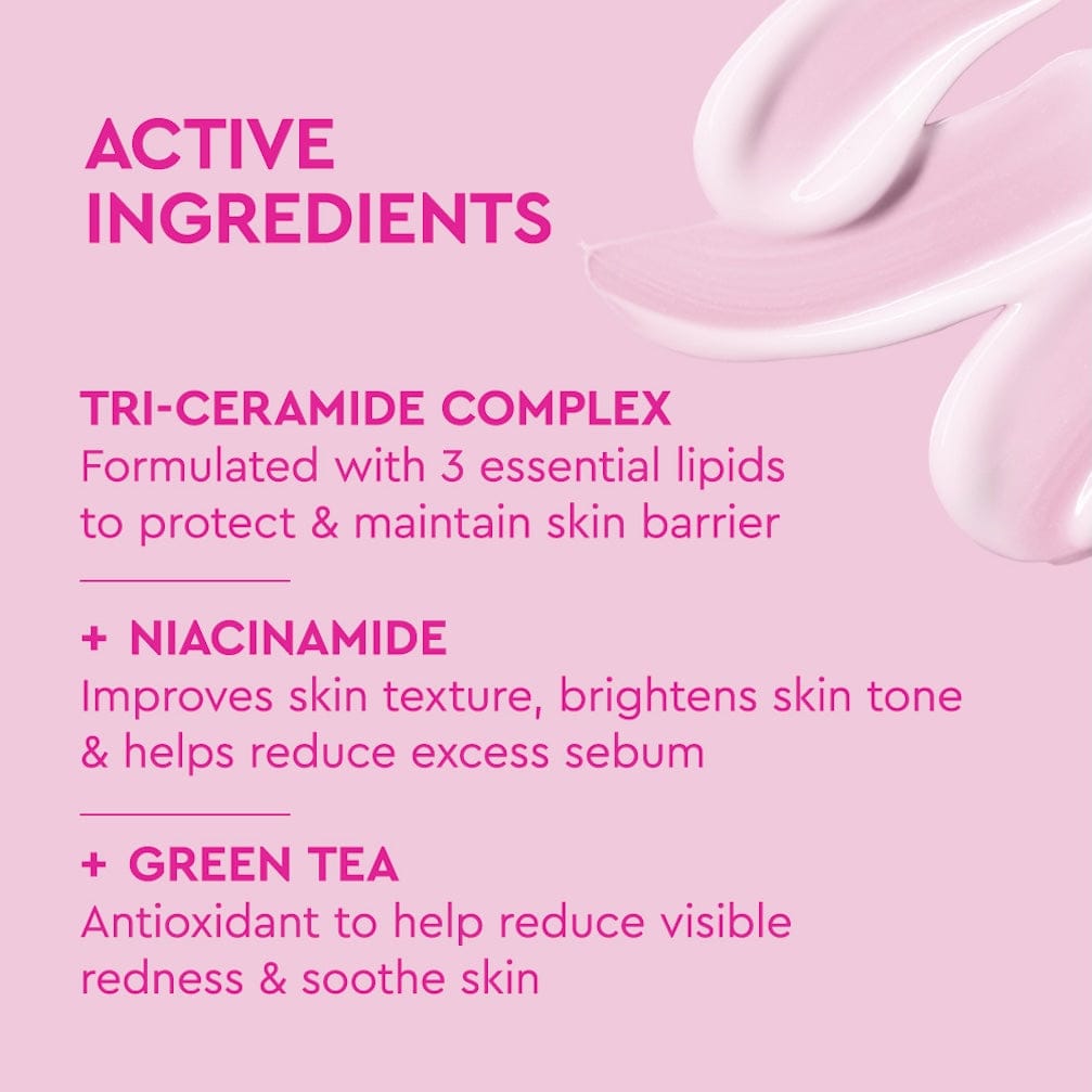 Product label with active ingredients on a pink background