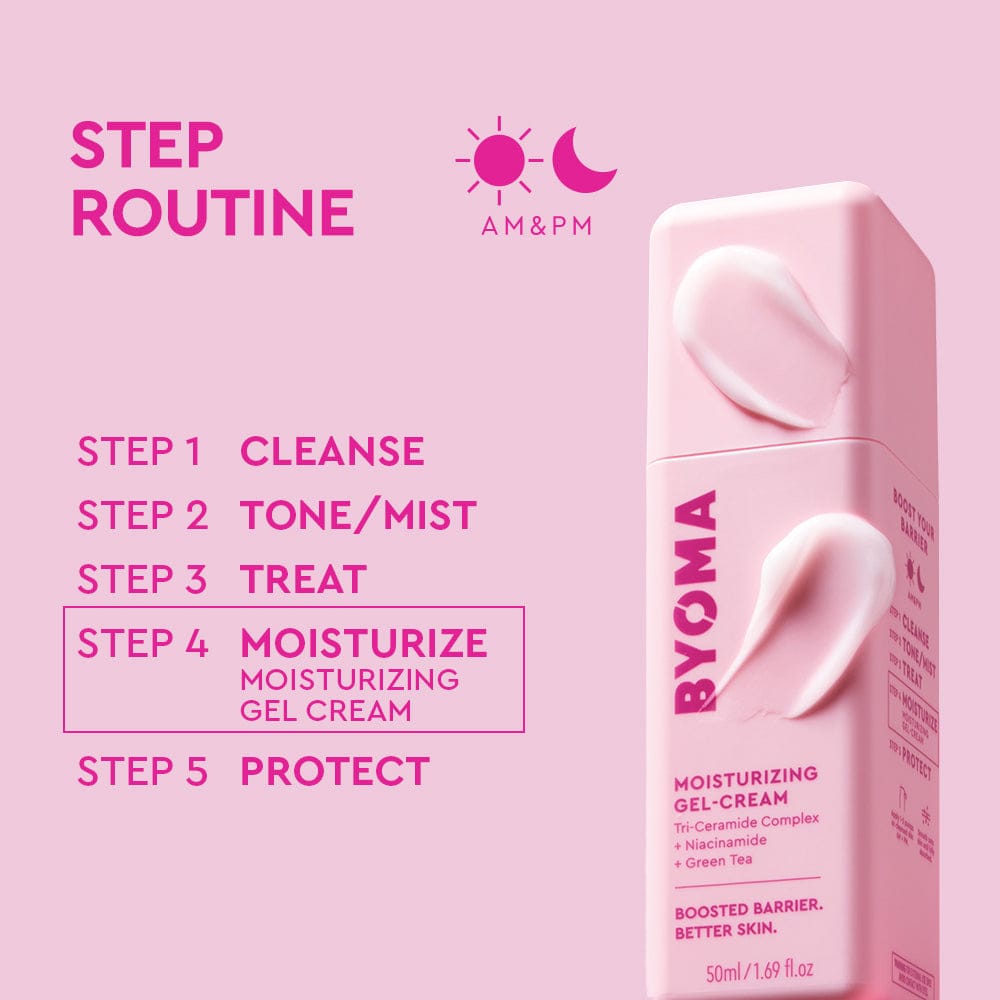 BYOMA moisturizing gel-cream packaging with step routine on a pink background