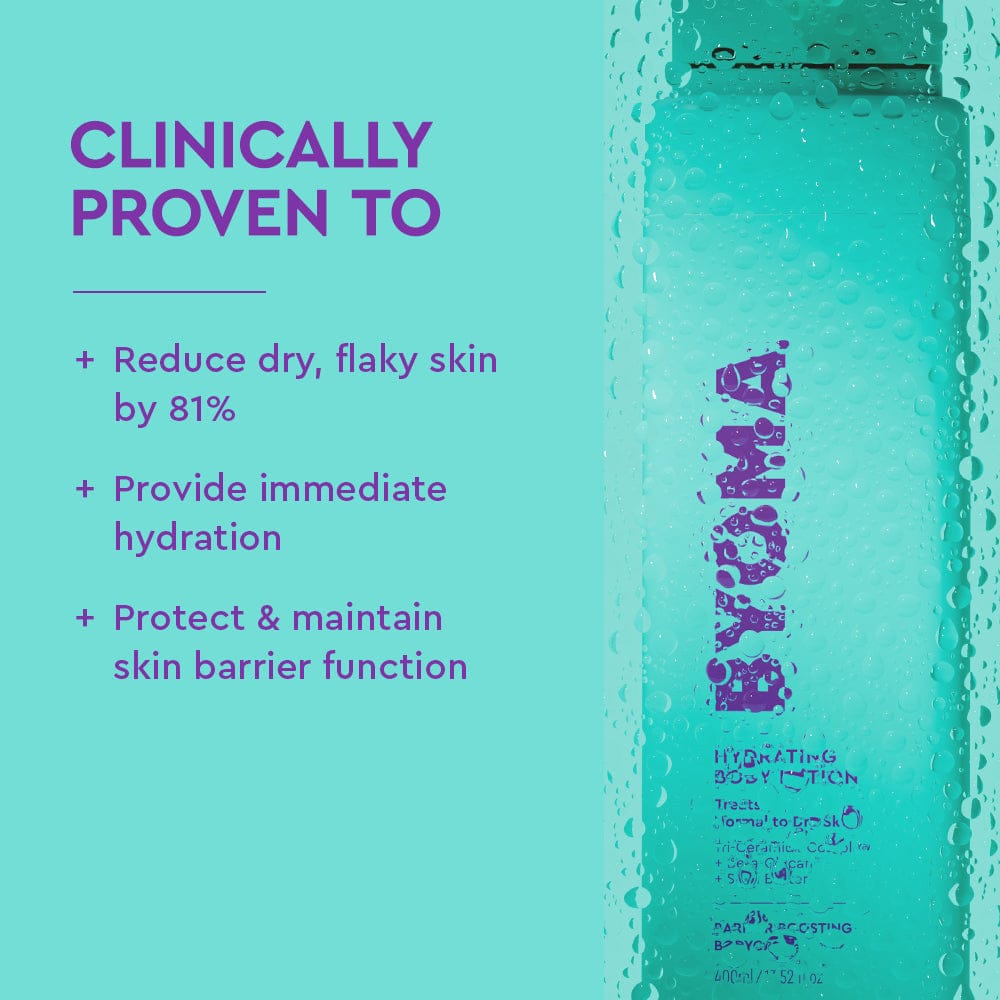 Bottle of Byoma Hydrating Body Lotion with text on a teal background