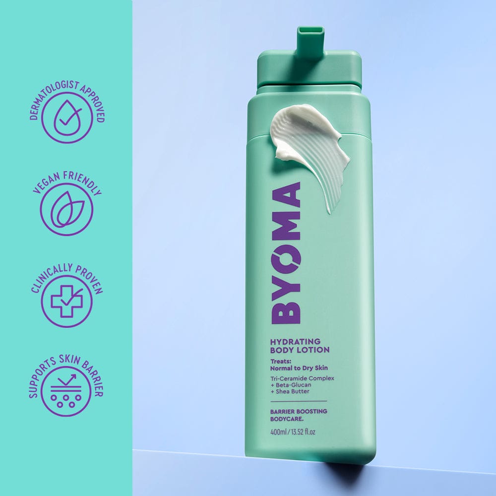 BYOMA hydrating body lotion bottle with green cap on a blue background