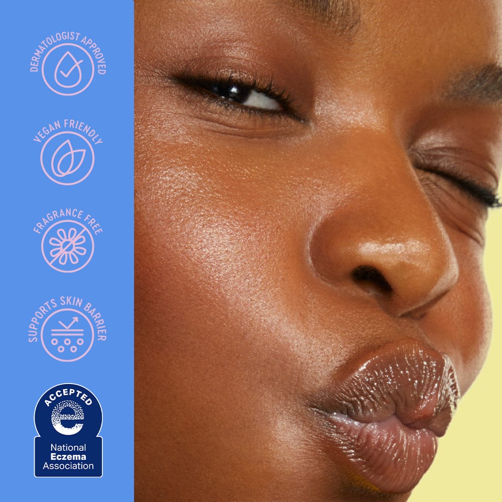 Close-up of a person's face with skincare product application, featuring certification logos on a blue and yellow background.