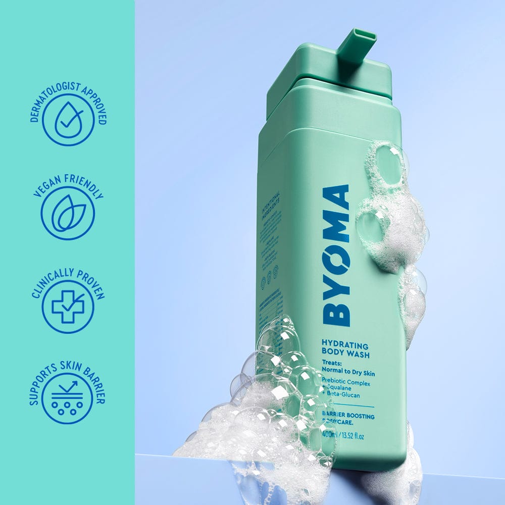 BYOMA hydrating body wash bottle with bubbles on a light blue background