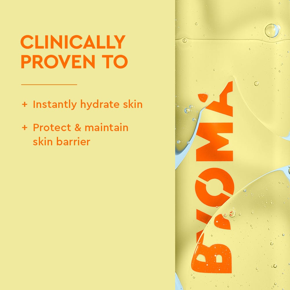 Product packaging with Byoma branding and text about skin care benefits on a yellow background.