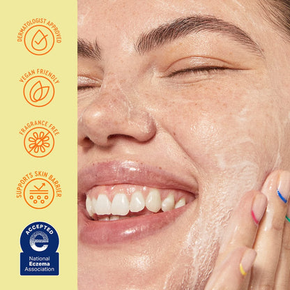 Woman applying skincare product with certification logos on the side