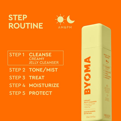 BYOMA cream cleanser with step routine on an orange background