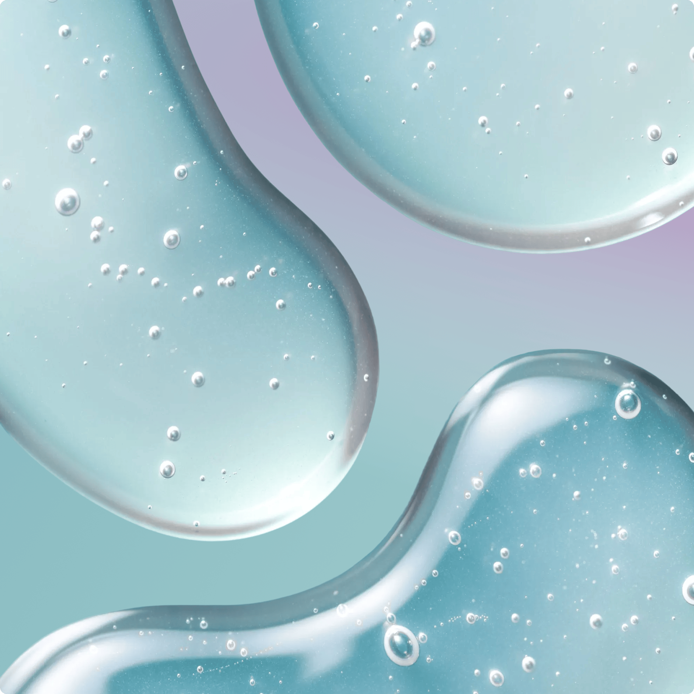 Abstract close-up of translucent glossy droplets with small bubbles on a soft aqua and lavender gradient background.