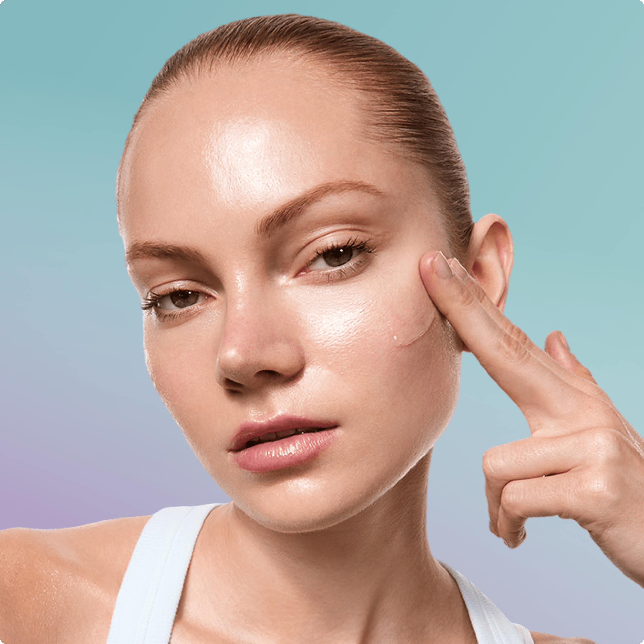 Close-up of a woman with smooth, radiant skin touching her cheek, showing a glossy, hydrated complexion against a soft blue-to-purple gradient background.