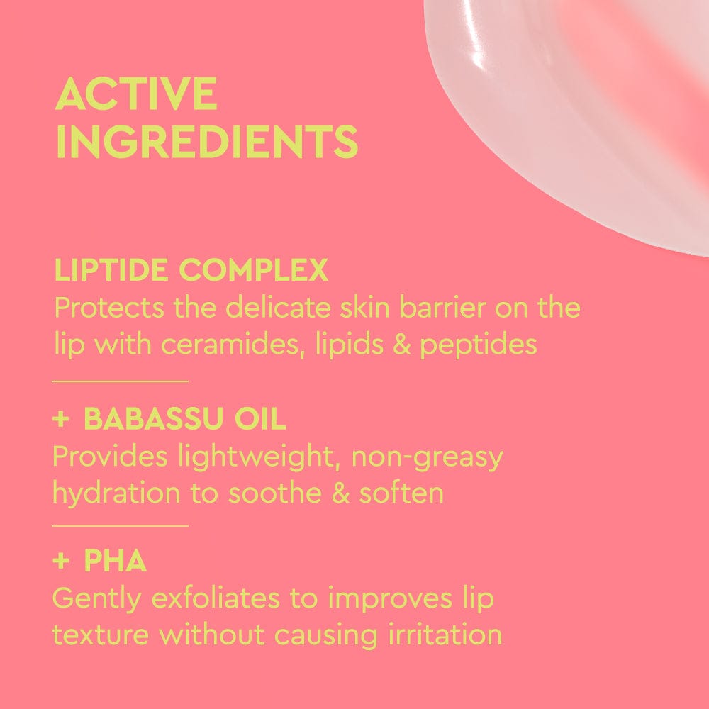 List of active ingredients on a pink background with a white lip balm.