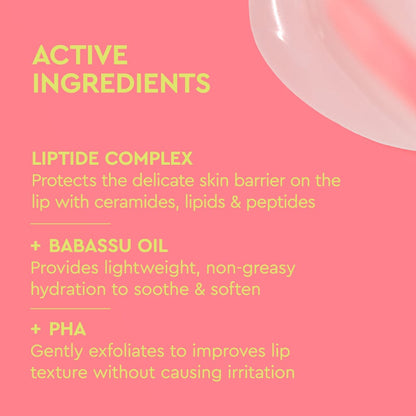 List of active ingredients on a pink background with a white lip balm.