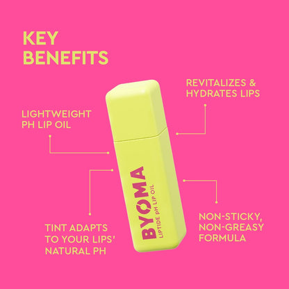 BYOMA lip oil on a pink background with key benefits highlighted