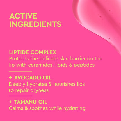 Pink background with yellow text listing active ingredients for lip care products.