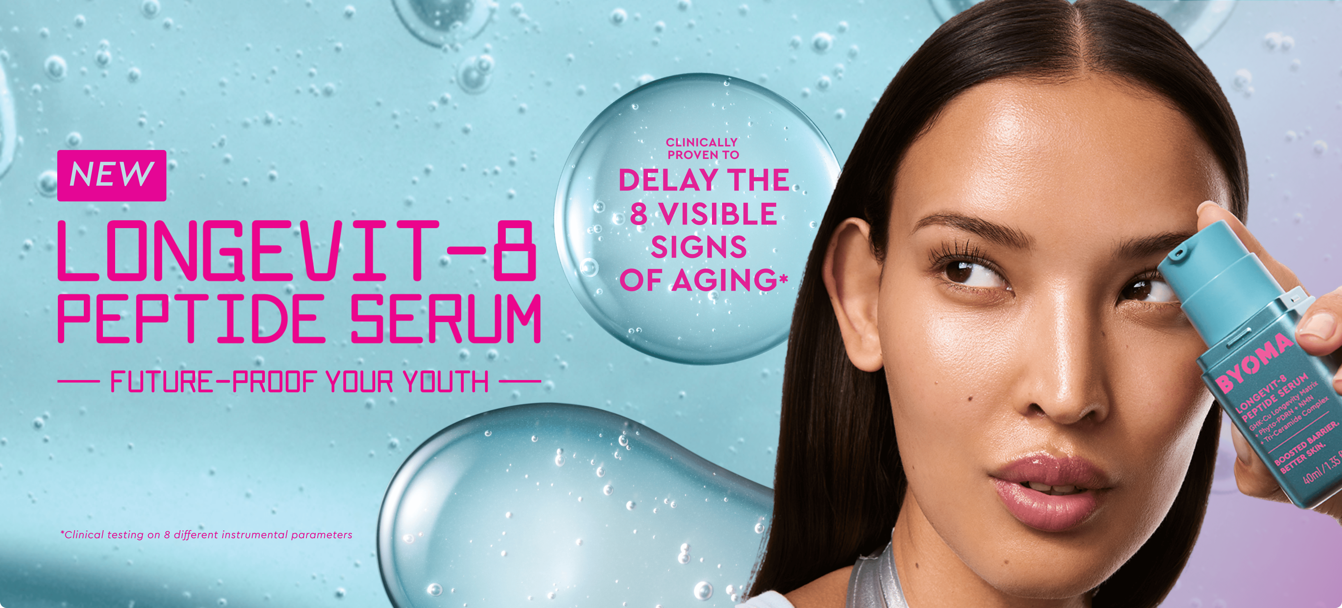 A woman holds a bottle of Longevit-8 Peptide Serum against a light blue water-themed background with bubbles and text promoting anti-aging benefits.