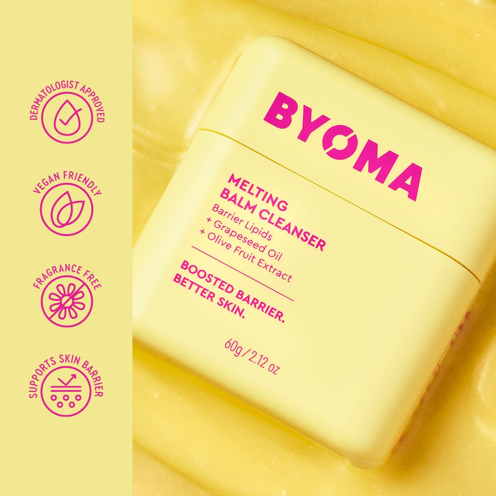 BYOMA melting balm cleanser on a yellow background with brand icons.