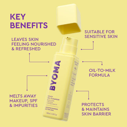 Yellow bottle of BYOMA oil cleanser with key benefits listed on a yellow background
