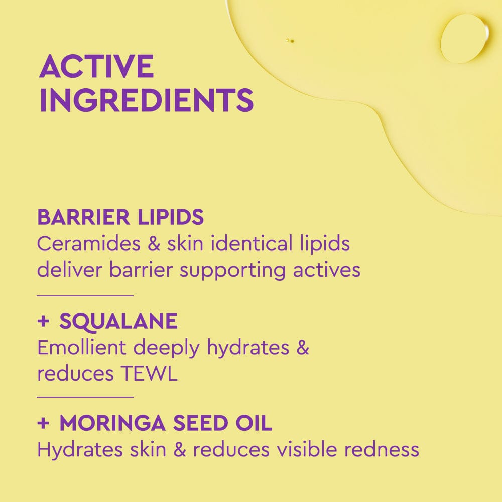 List of active ingredients on a yellow background with a circular design element.