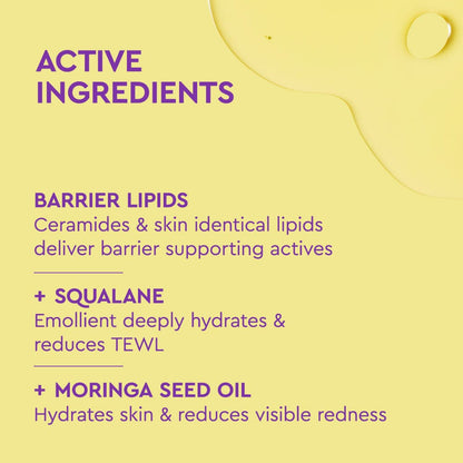 List of active ingredients on a yellow background with a circular design element.