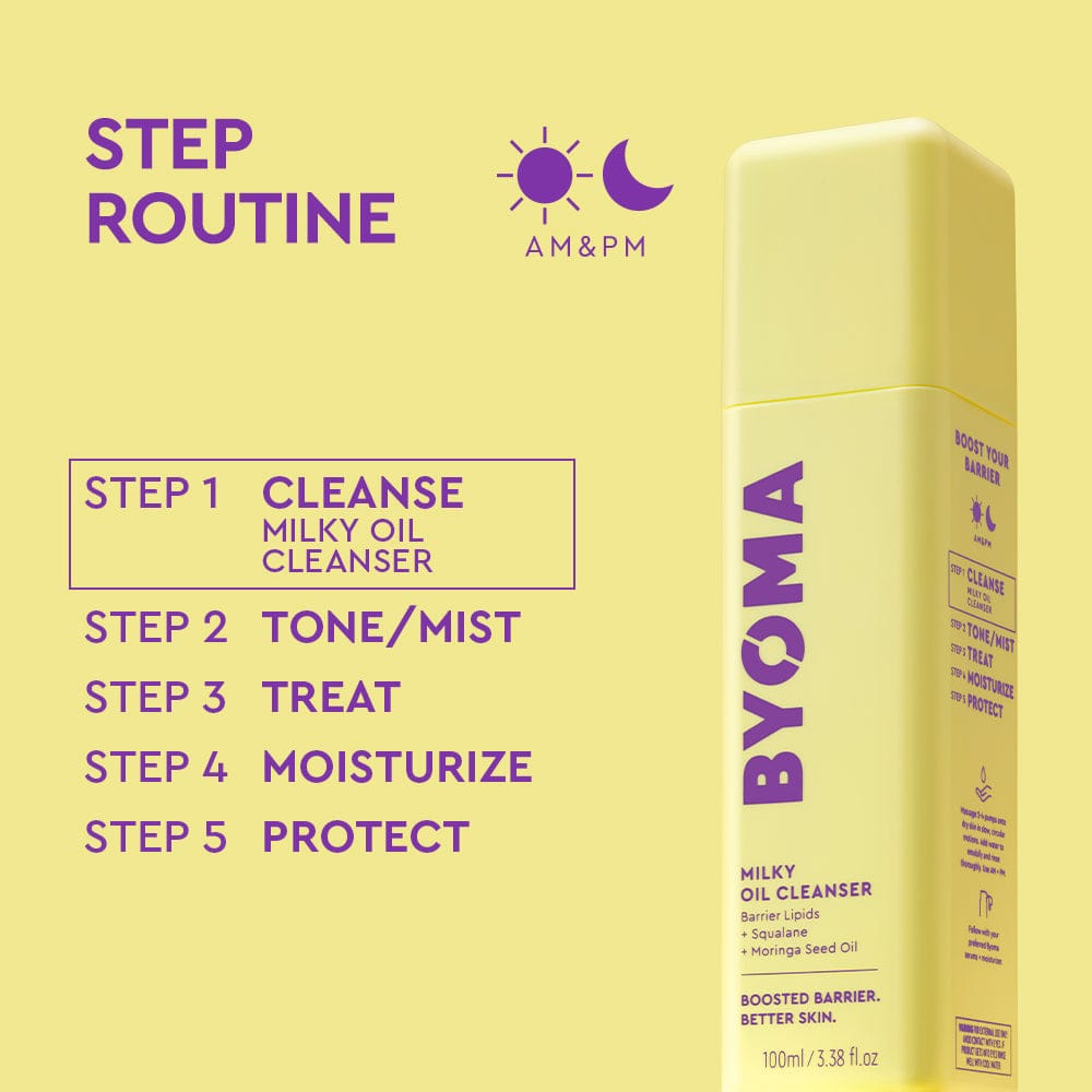 BYOMA Milky Oil Cleanser with step routine on a yellow background