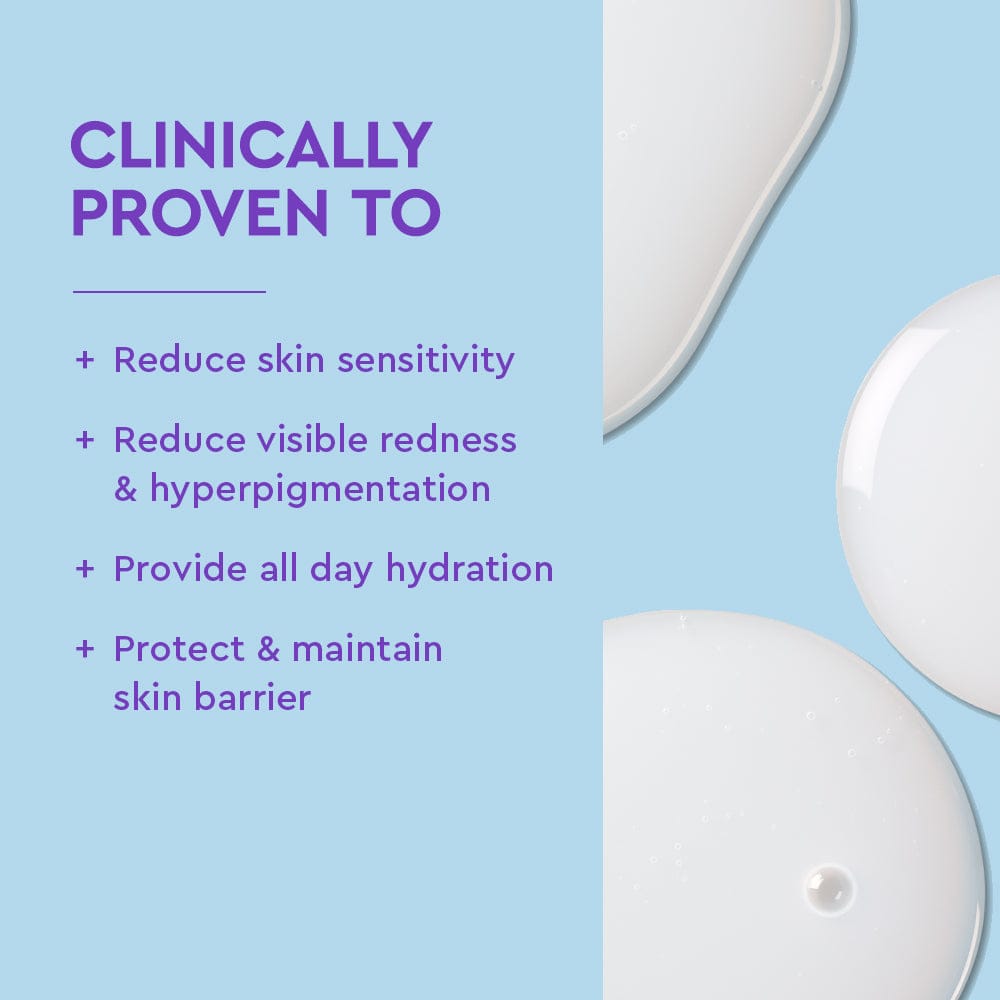 Cosmetic product with text highlighting clinical proven benefits on a light blue background