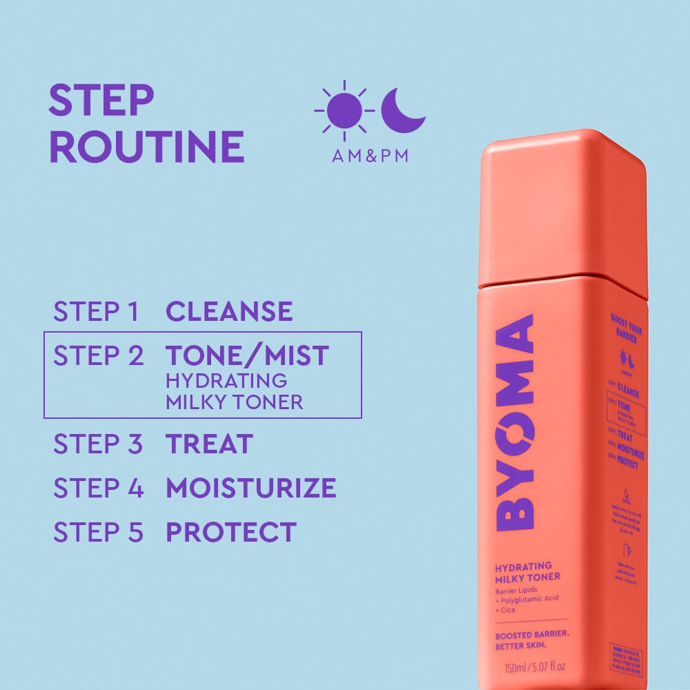 BYOMA toner bottle with skincare routine steps on a light blue background