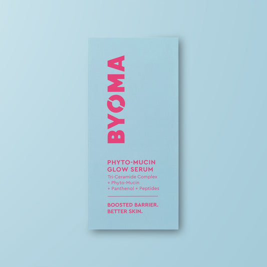 BYOMA Phyto-Mucin Glow Serum packaging on a light blue background