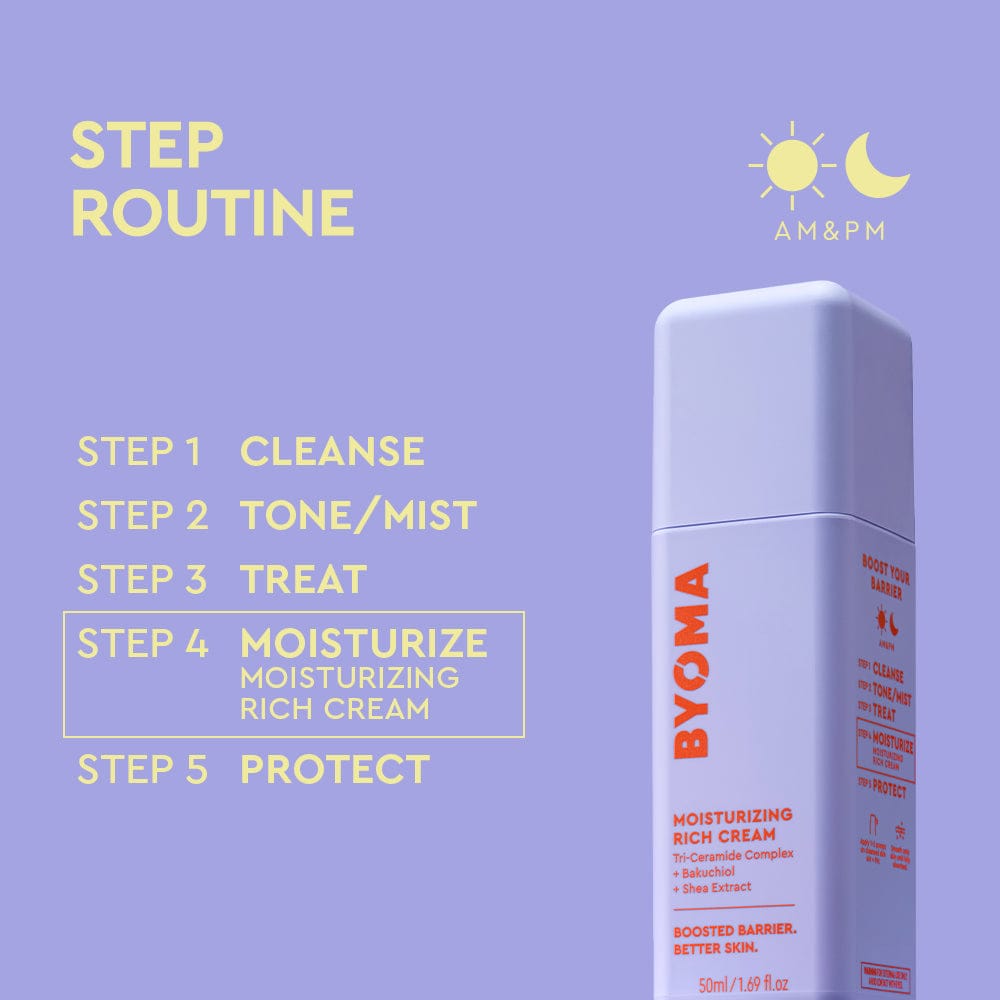 BYOMA moisturizing rich cream with step routine on a purple background