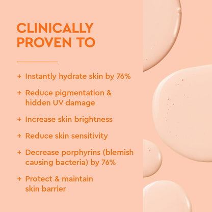 Cosmetic product with text highlighting its benefits on a peach background