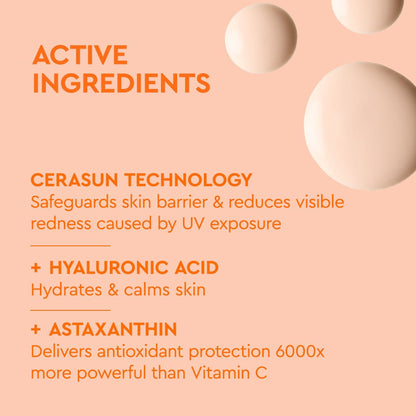 Product packaging with Cerasun technology, hyaluronic acid, and astaxanthin listed as active ingredients on a peach background.