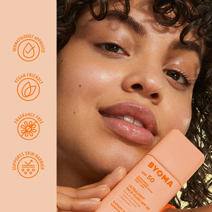 Woman holding a Byoma sunscreen bottle with product features on the side.